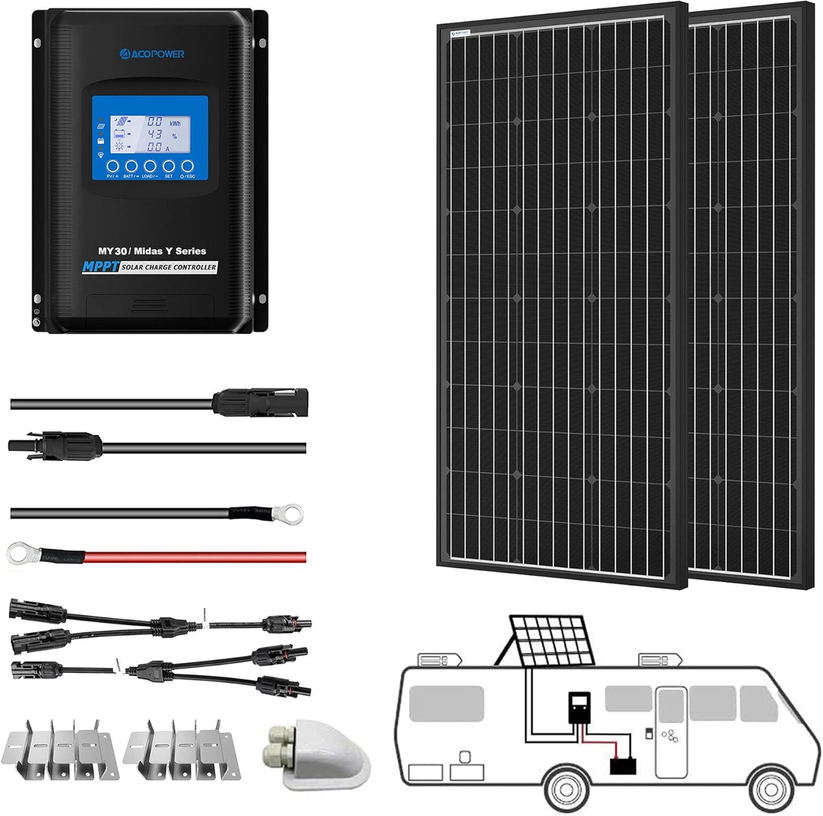 200 Watt Monocrystalline Solar Panel Kit with 20A PWM LCD Charge Controller G127