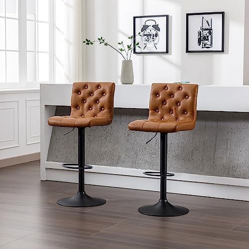 Set of 4 Adjustable Swivel Counter Height Stools with Button Tufted Back Faux Leather Upholstered Island Chairs with Footrest Brown G57013