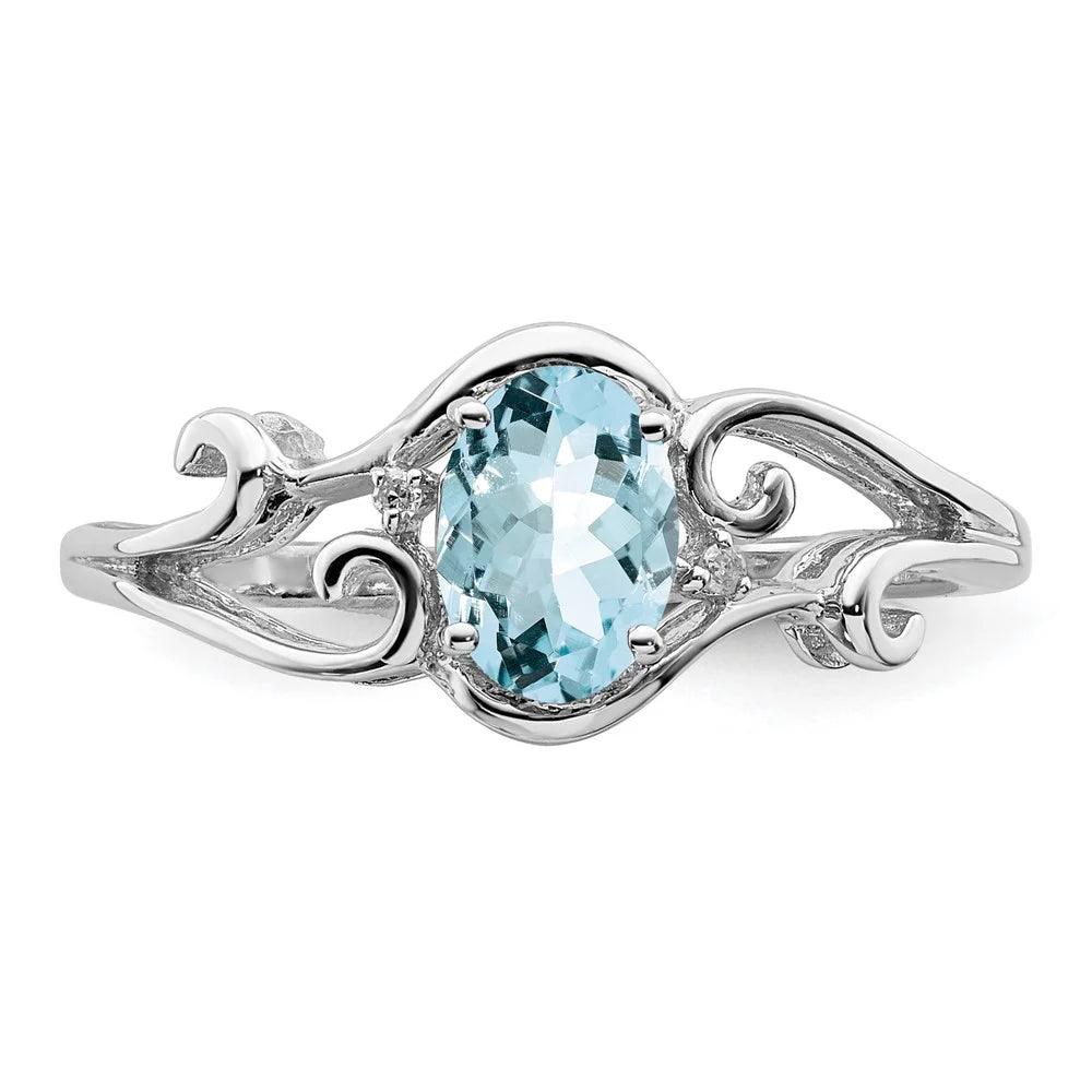 Rhodium Plated Diamond & Aquamarine Oval Ring Q5324