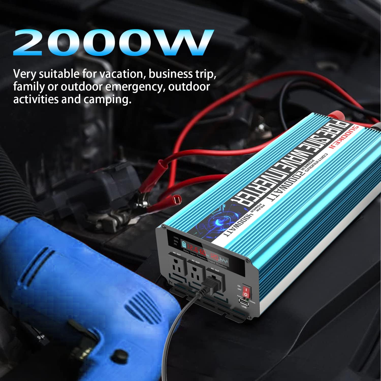 2000W Pure Sine Wave Power Inverter 12V DC to AC 110V/120V Converter with LCD Display R2008