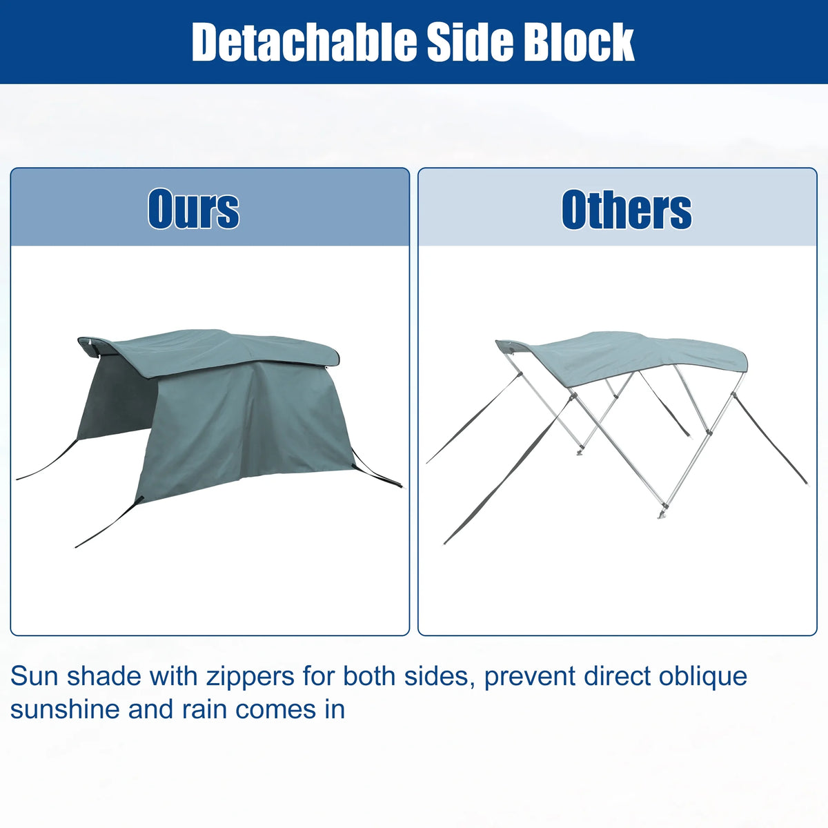 600D 3 Bow Bimini Top Canvas Cover with Detachable Side Blocks Storage Boot Gray P863