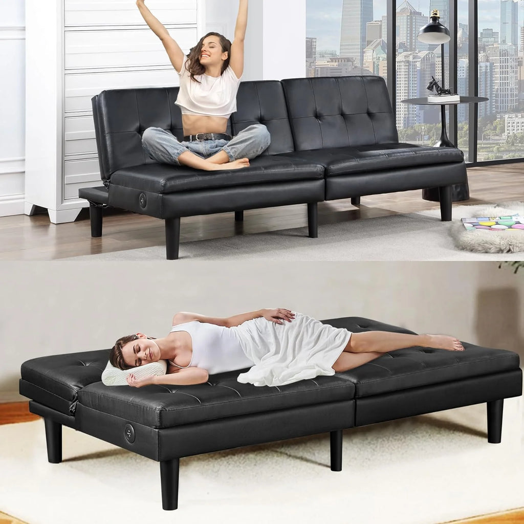 Faux Leather Futon Convertible Sofa Bed with USB & 2 Cupholders L933
