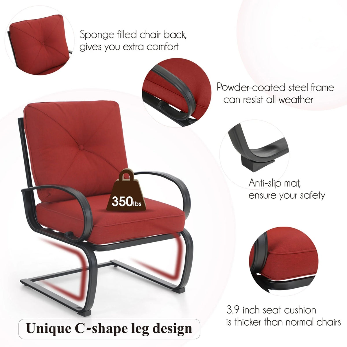 Set of 2 Outdoor Dining Chairs with Cushions, Black&Red G281