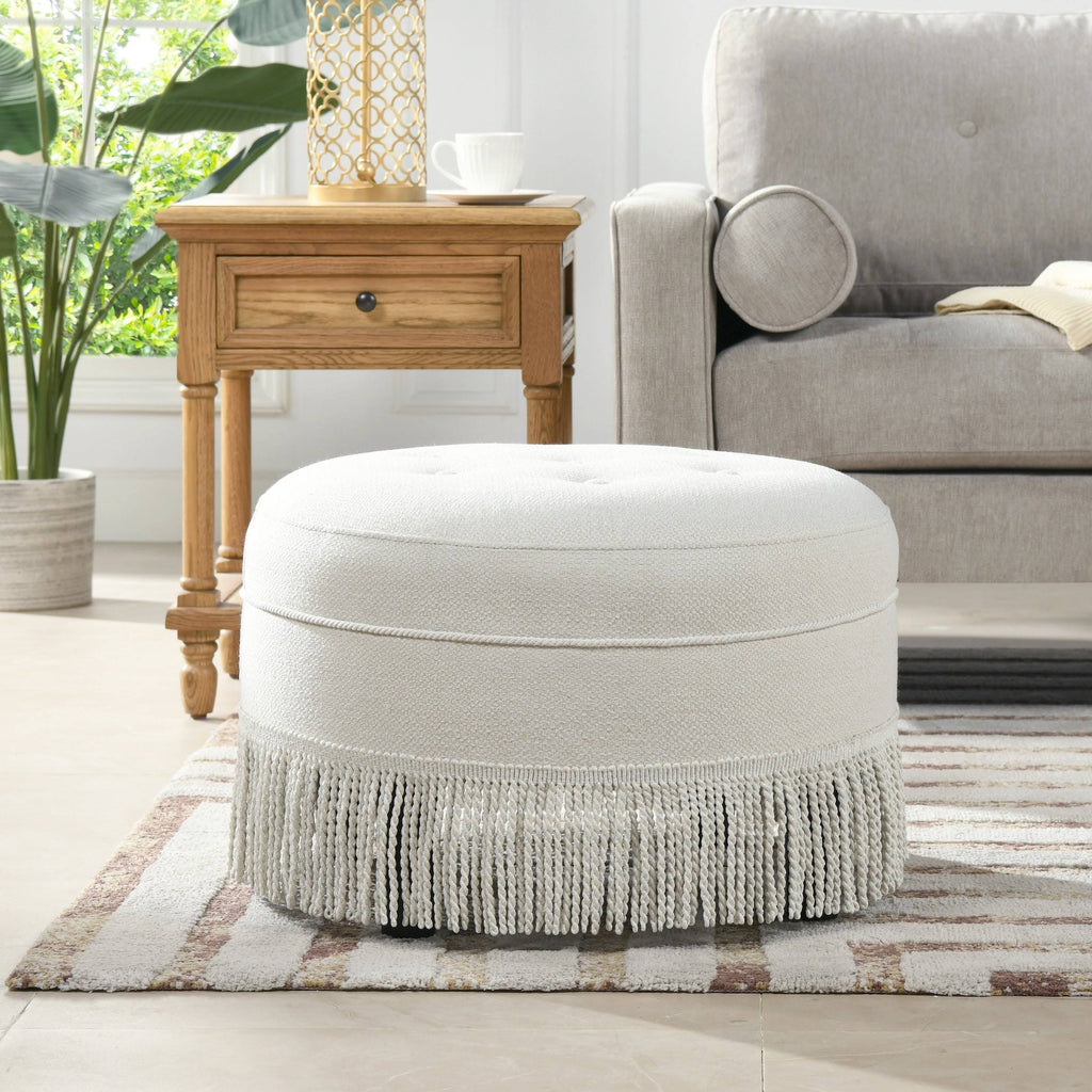 Off White Tufted Round Ottoman I1326