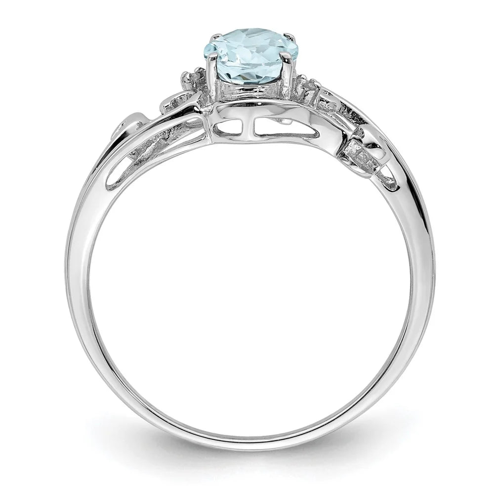 Rhodium Plated Diamond & Aquamarine Oval Ring Q5324
