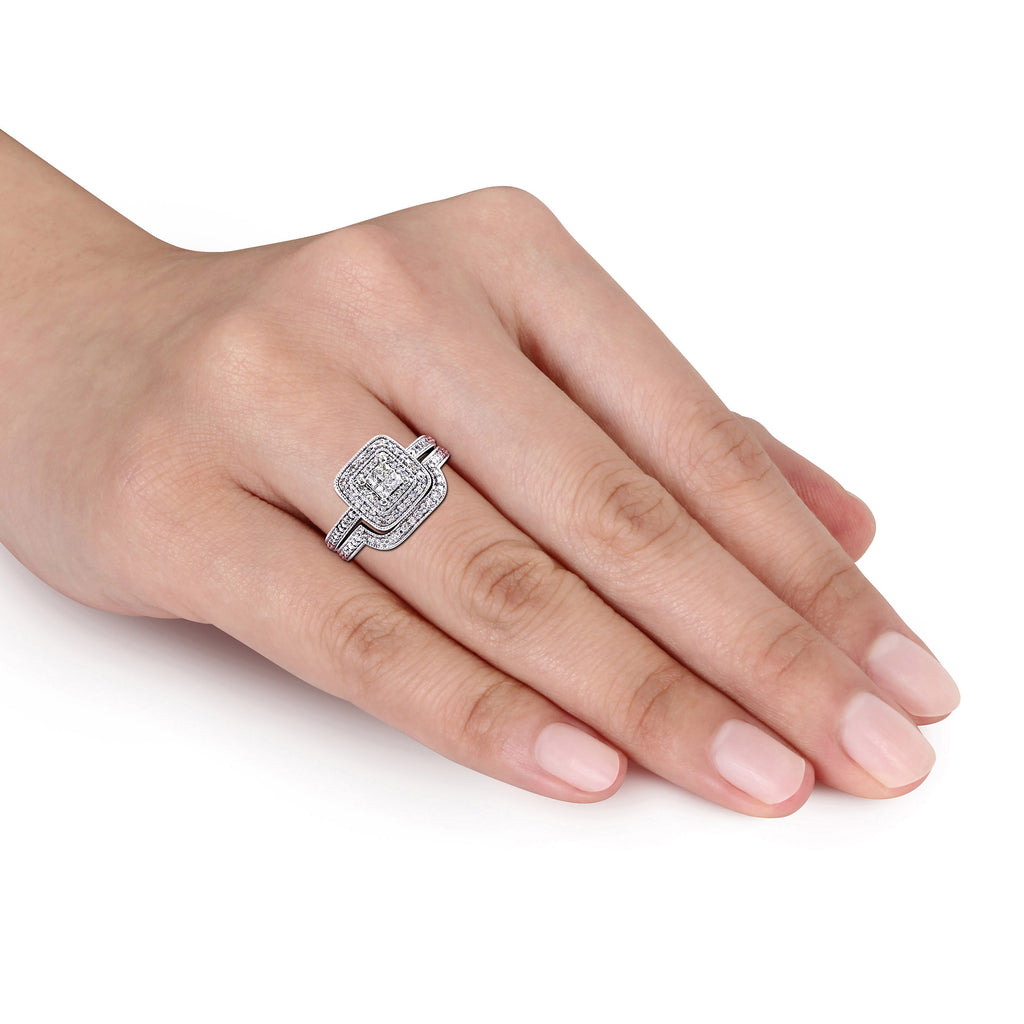 Bridal Set with Princess and Round-Cut Diamond Sterling Silver Halo Set E320