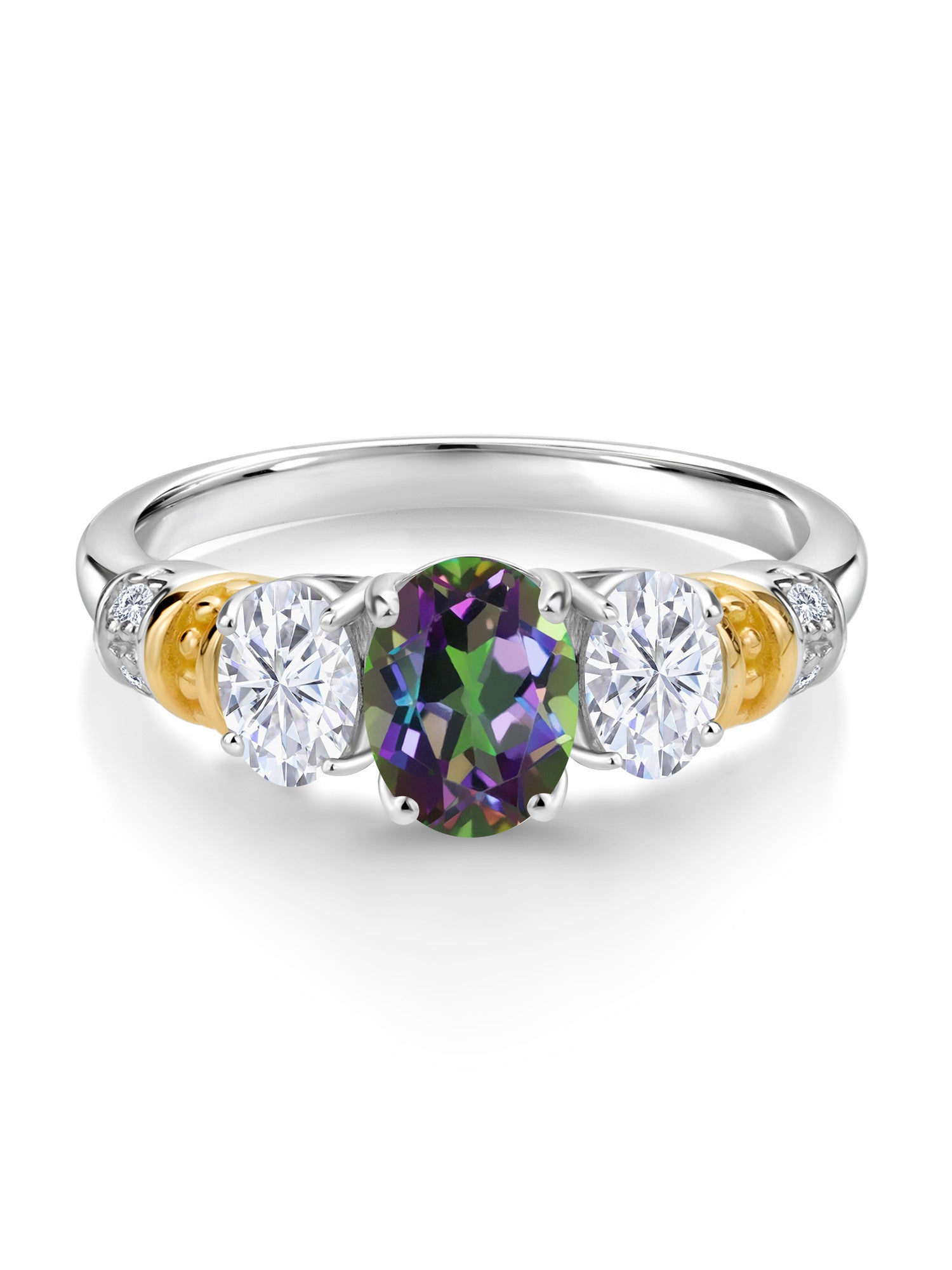 Oval Green Mystic Topaz White Moissanite and White Diamond 3 Stone Ring H484674