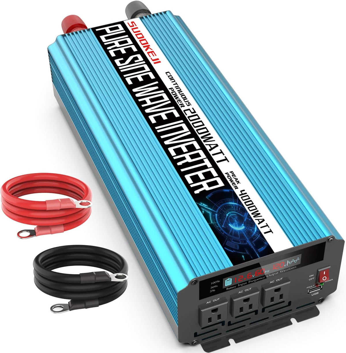 2000W Pure Sine Wave Power Inverter 12V DC to AC 110V/120V Converter with LCD Display R2008