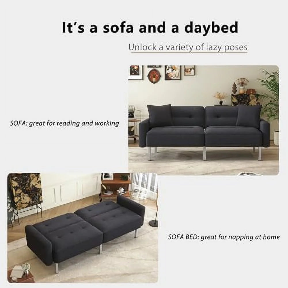 Black Linen Fabric Convertible Futon Sofa Bed with Metal Legs M859