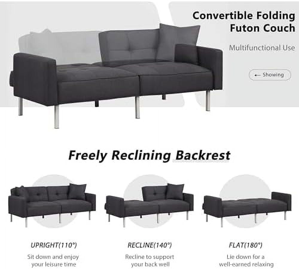 Black Linen Fabric Convertible Futon Sofa Bed with Metal Legs M859