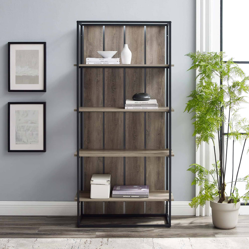Grey Wash Black Metal Farmhouse Bookcase L92307