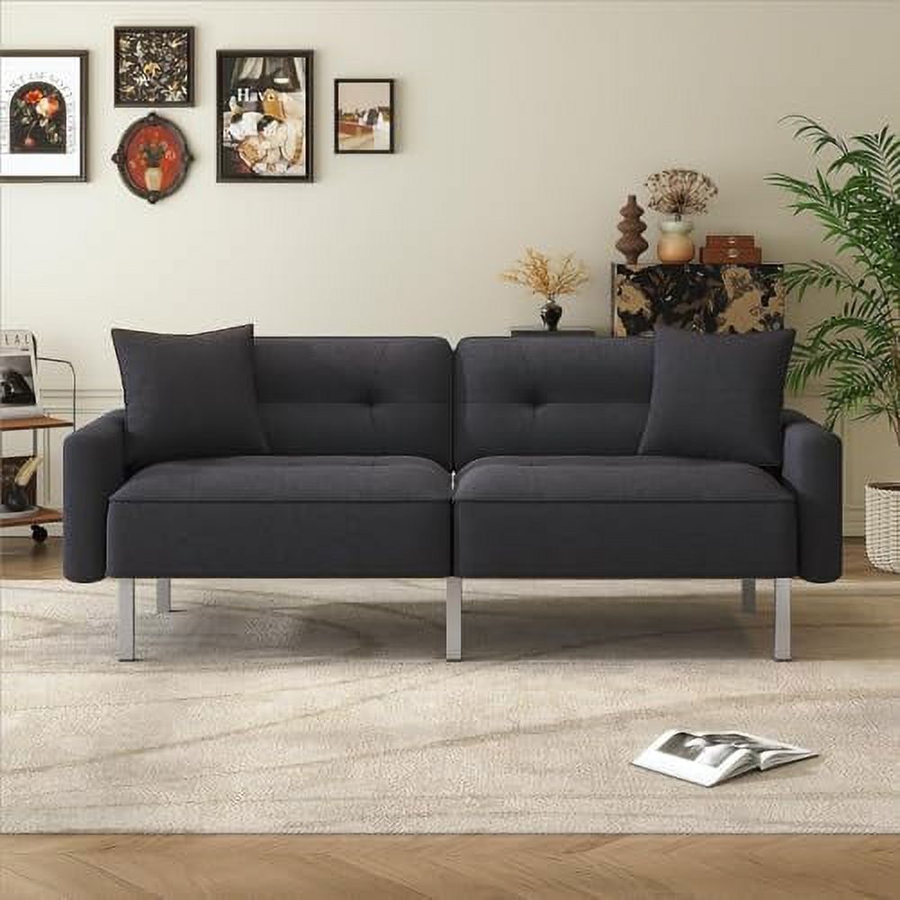 Black Linen Fabric Convertible Futon Sofa Bed with Metal Legs M859