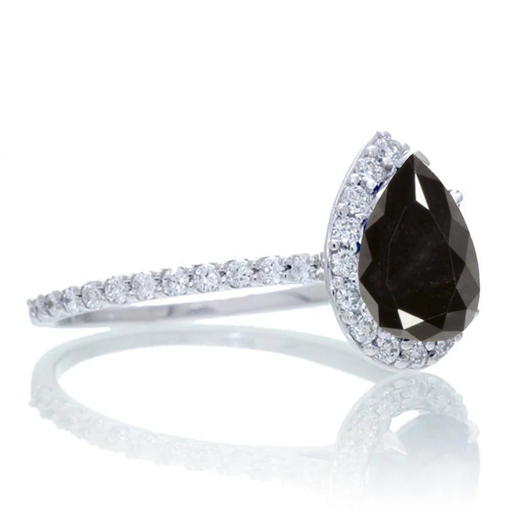 Pear Cut Black Moissanite Engagement Ring on 10k White Gold A1200