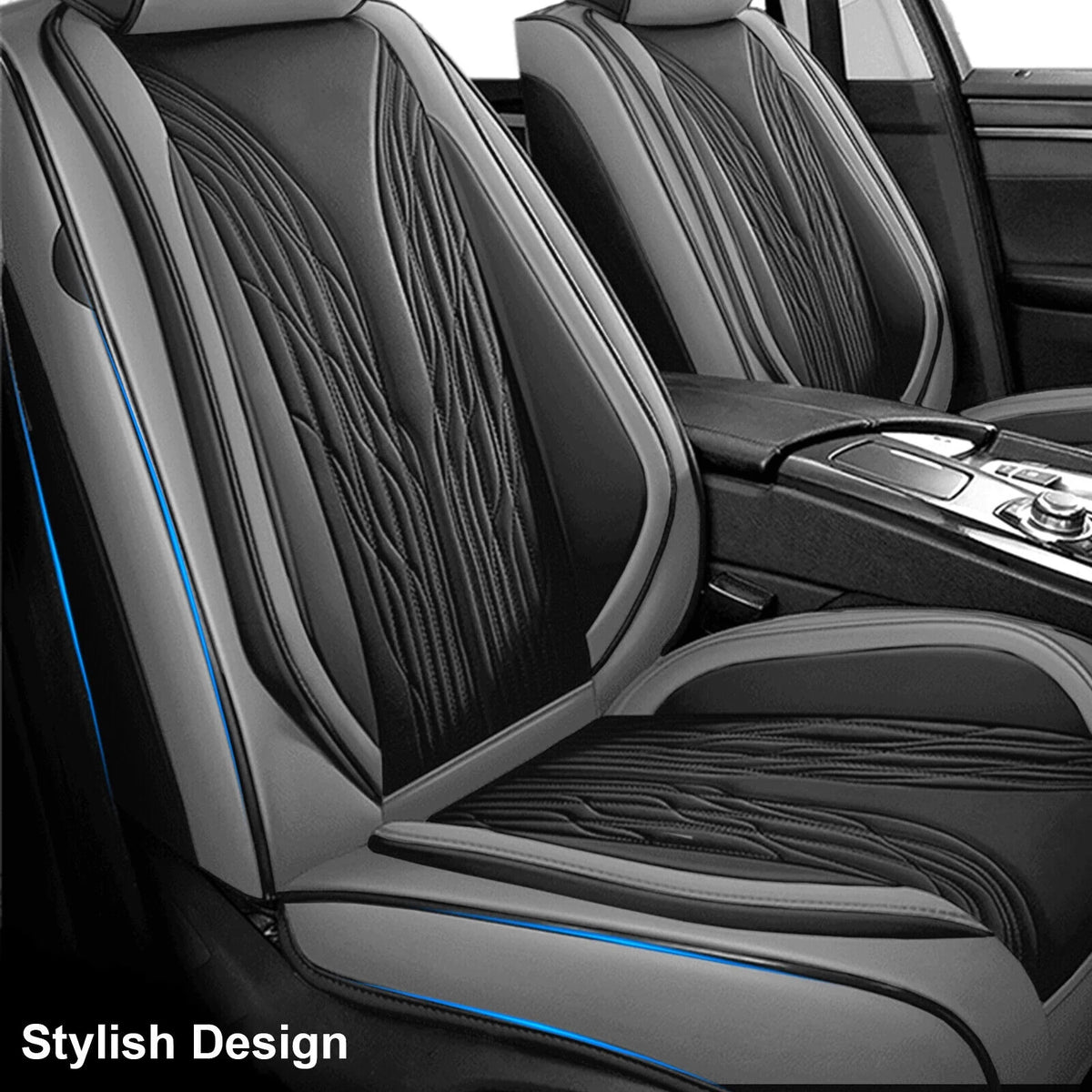 Black&Gray PU Leather 5 Seats Car Seat Cover Full Set E412753