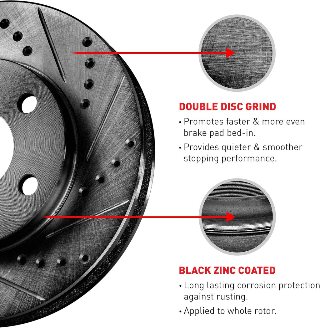 Front Black Drilled and Slotted Brake Rotors with Semi-Metallic Brake Pads R7017