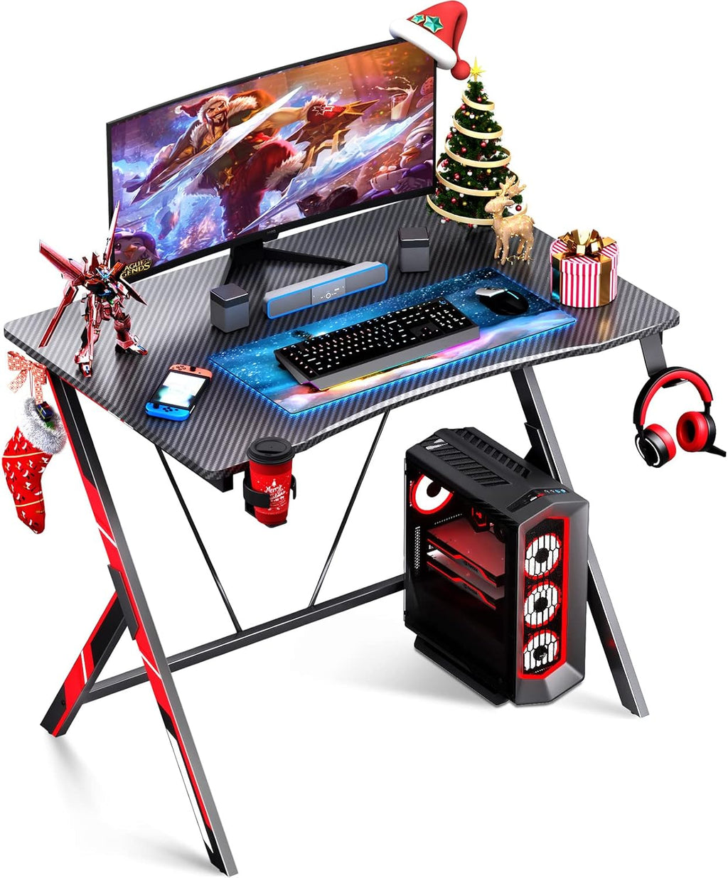 31 inch Gaming Desk with Carbon Fiber Surface and Headphone Hook and Cup Holder V64255