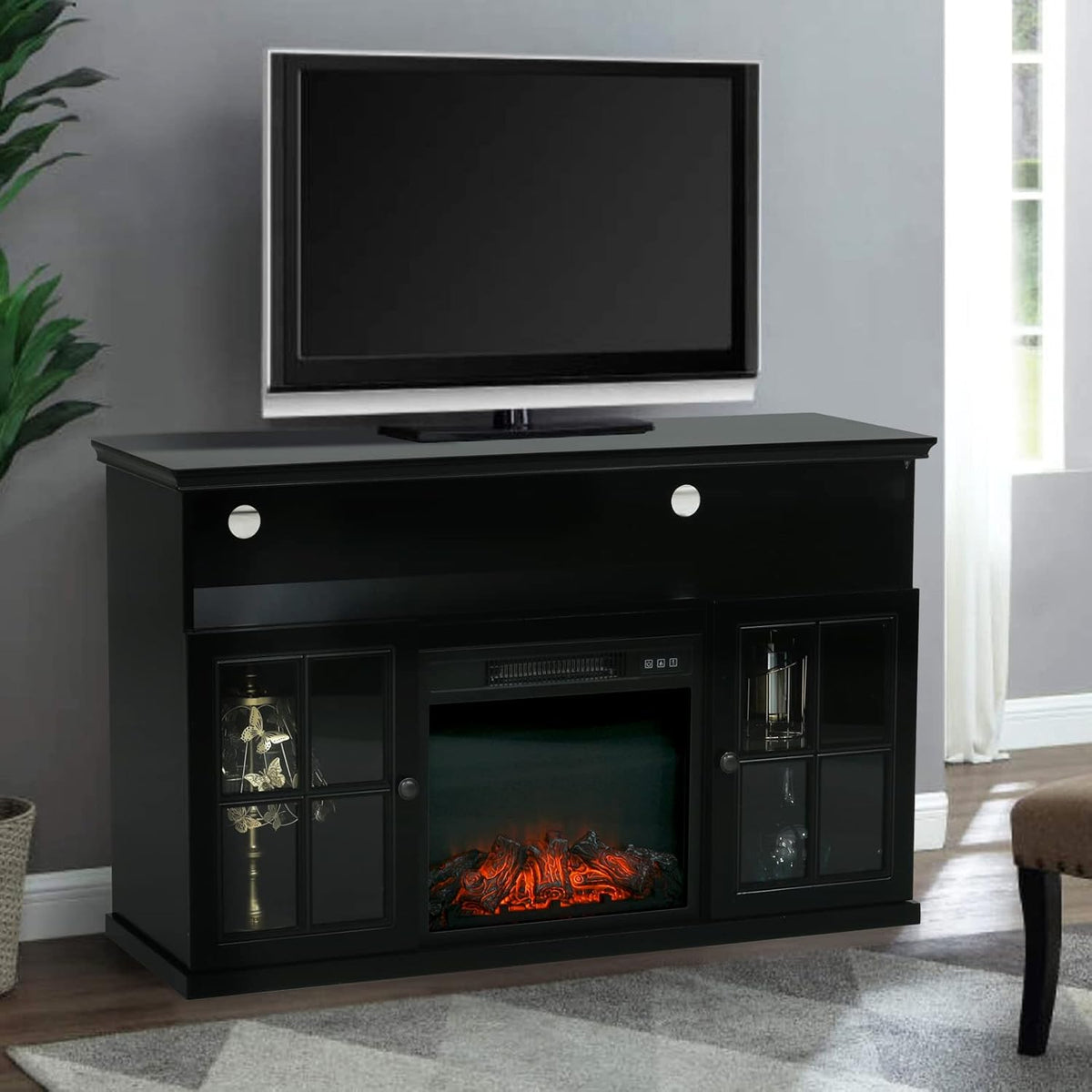 Black Fireplace TV Stand with Insert Fireplace and Adjustable Shelves F58129