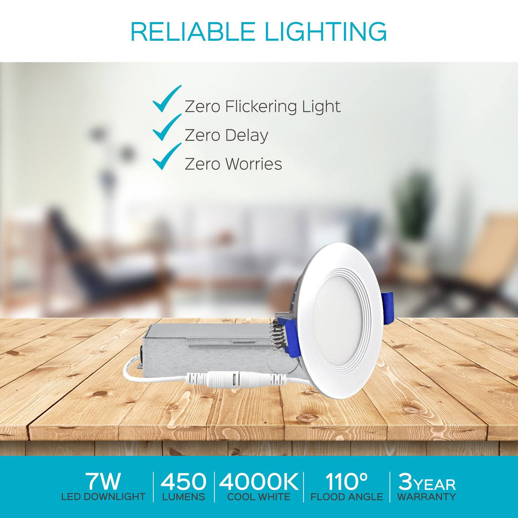 3 inch Ultra Thin LED Recessed Light with Junction Box, 7W, 5000K Dimmable, 450 Lumens S847425