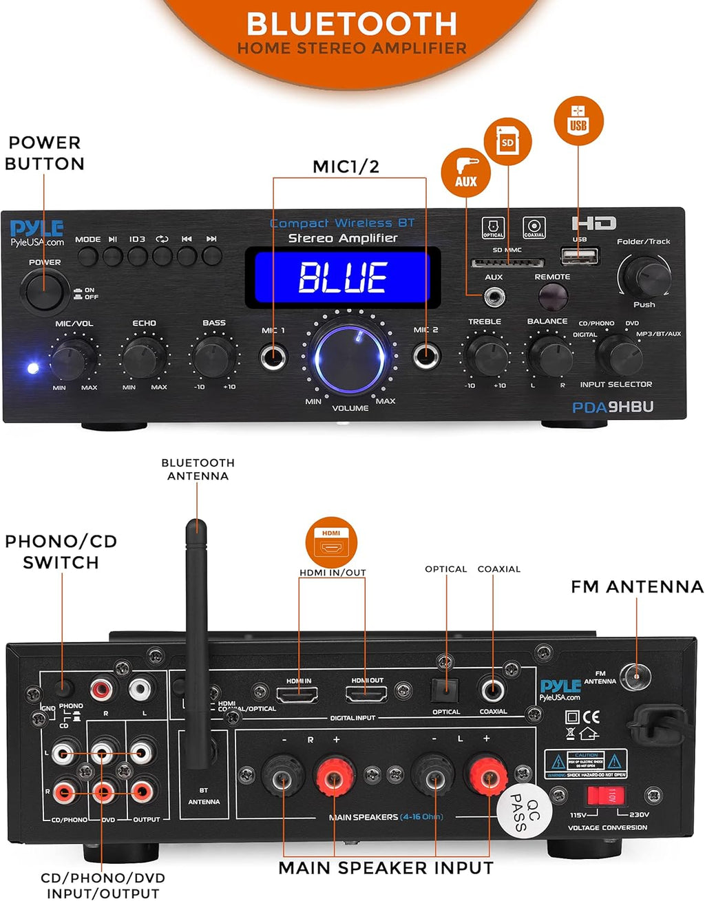 Pyle PDA9HBU.5 Wireless Bluetooth Stereo Amplifier, 200 Watt, HDMI, Optical, Phono, Coaxial, FM Radio, USB, SD, AUX, RCA, Mic, Remote Z999