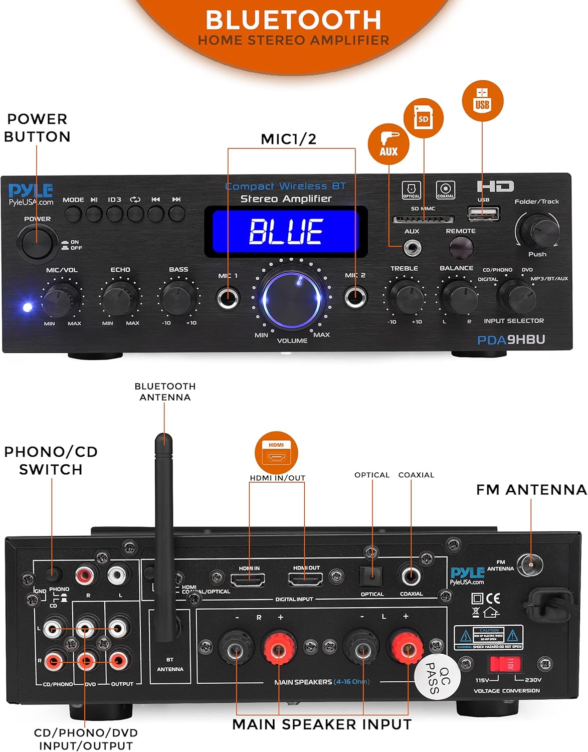 Pyle PDA9HBU.5 Wireless Bluetooth Stereo Amplifier, 200 Watt, HDMI, Optical, Phono, Coaxial, FM Radio, USB, SD, AUX, RCA, Mic, Remote Z999