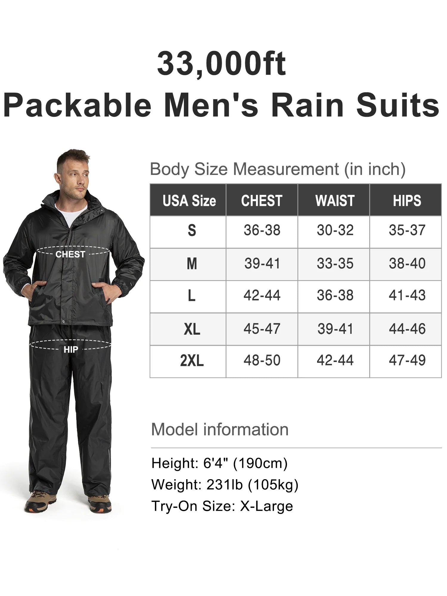 Black Large Waterproof Rain Suit with Hideaway Hood G969