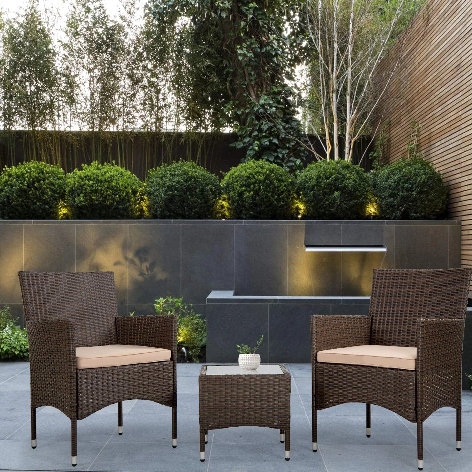 3 Pieces Wicker Bistro Set with Khaki Cushion Steel Frame H88682