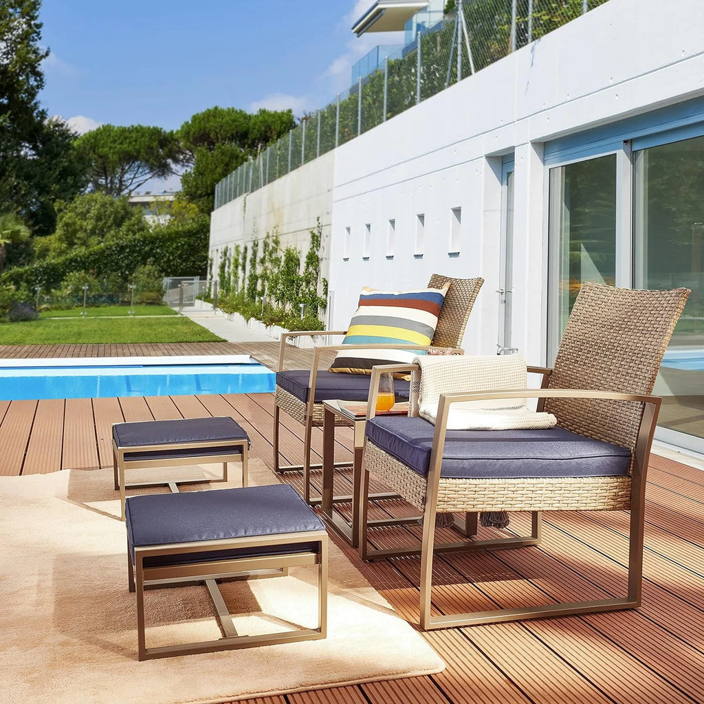 Blue 5 Piece PE Wicker Rattan Outdoor Bistro Set with Tempered Glass Coffee Table V11514