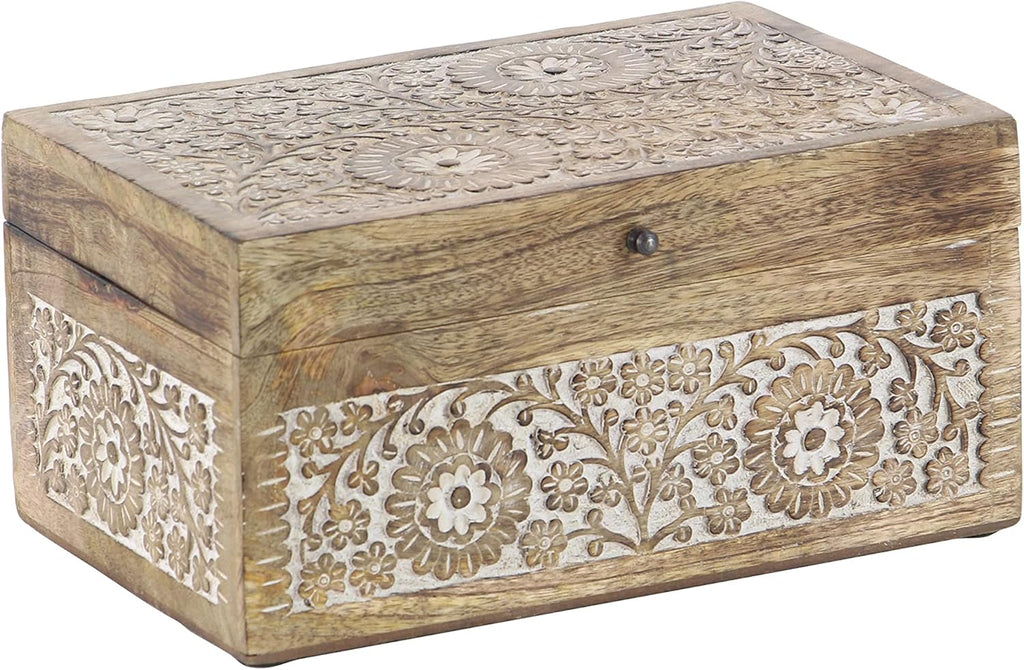 Natural Rectangular Carved Floral Wooden Boxes with Lid Set of 3 I648420