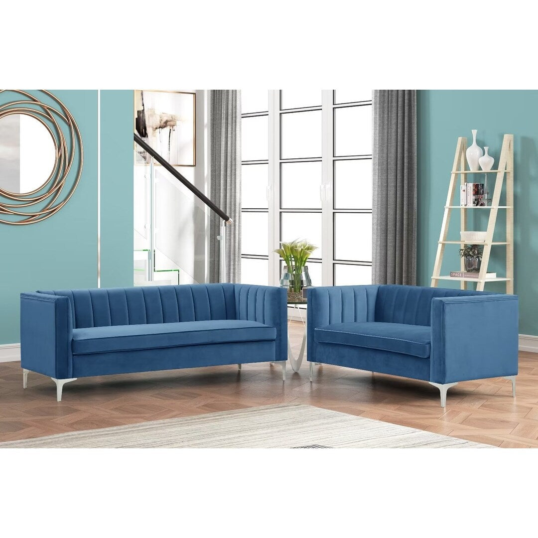 Grey Dutch Velvet Loveseat and Sofa Couch Set with Iron Legs N454