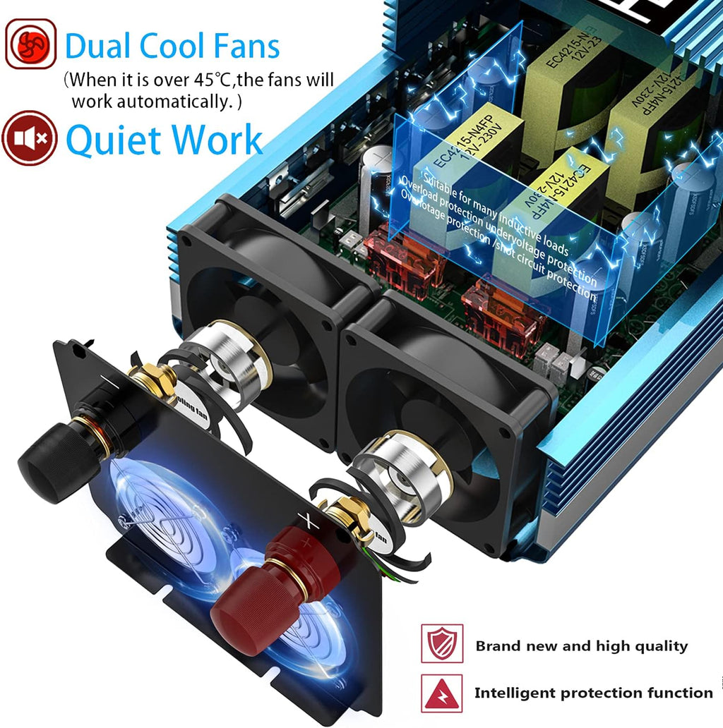 2000W Pure Sine Wave Power Inverter 12V DC to AC 110V/120V Converter with LCD Display R2008