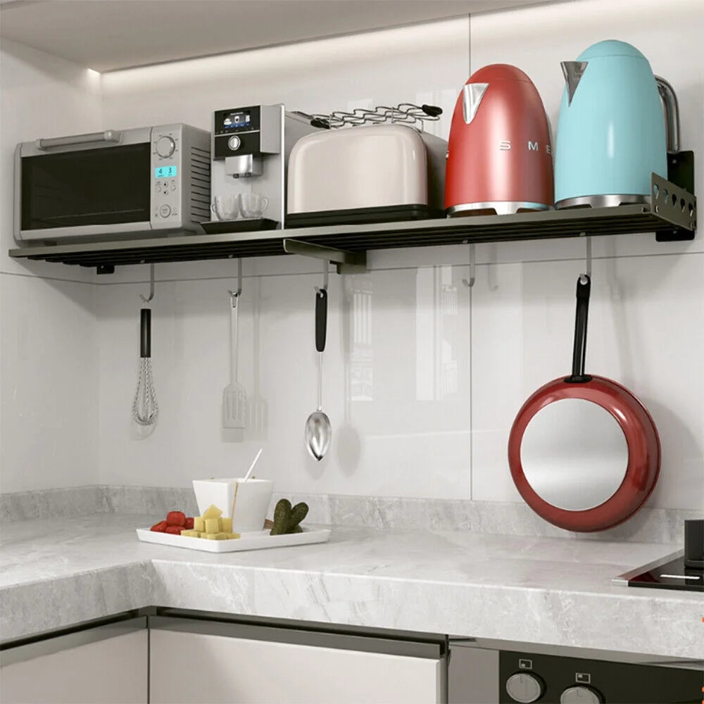 Microwave Oven Wall Mount Shelf Storage Rack with 4 Hooks I31305