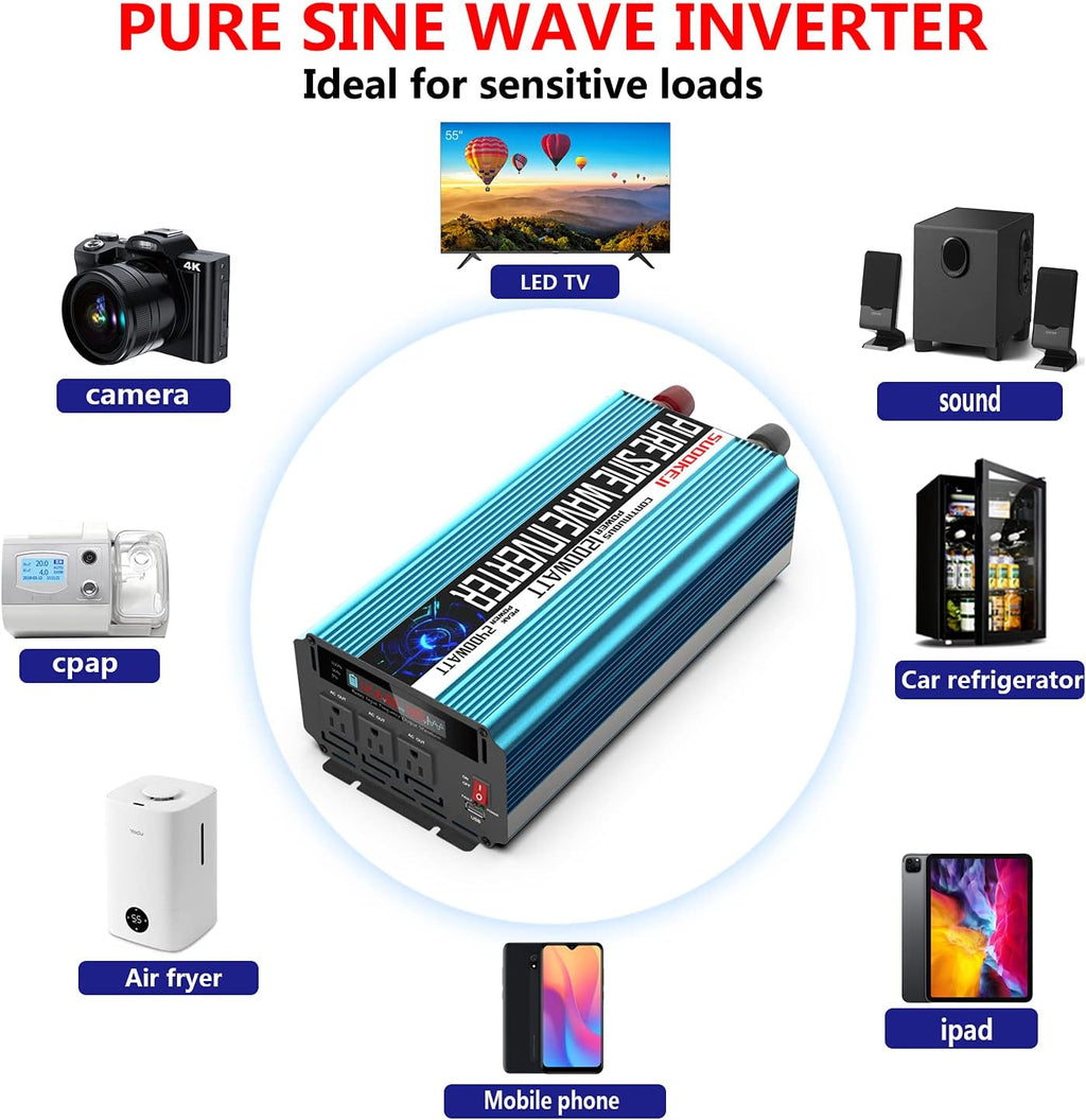 2000W Pure Sine Wave Power Inverter 12V DC to AC 110V/120V Converter with LCD Display R2008