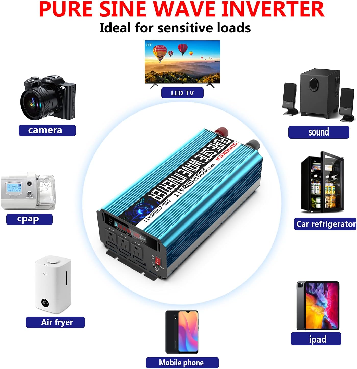 2000W Pure Sine Wave Power Inverter 12V DC to AC 110V/120V Converter with LCD Display R2008