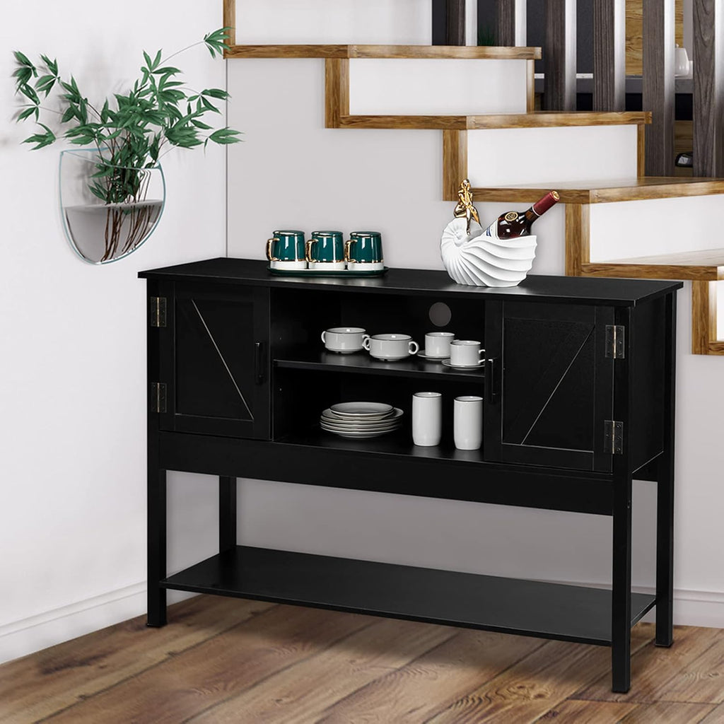 Black Wood Sideboard Buffet Cabinet with Open Shelves Q889
