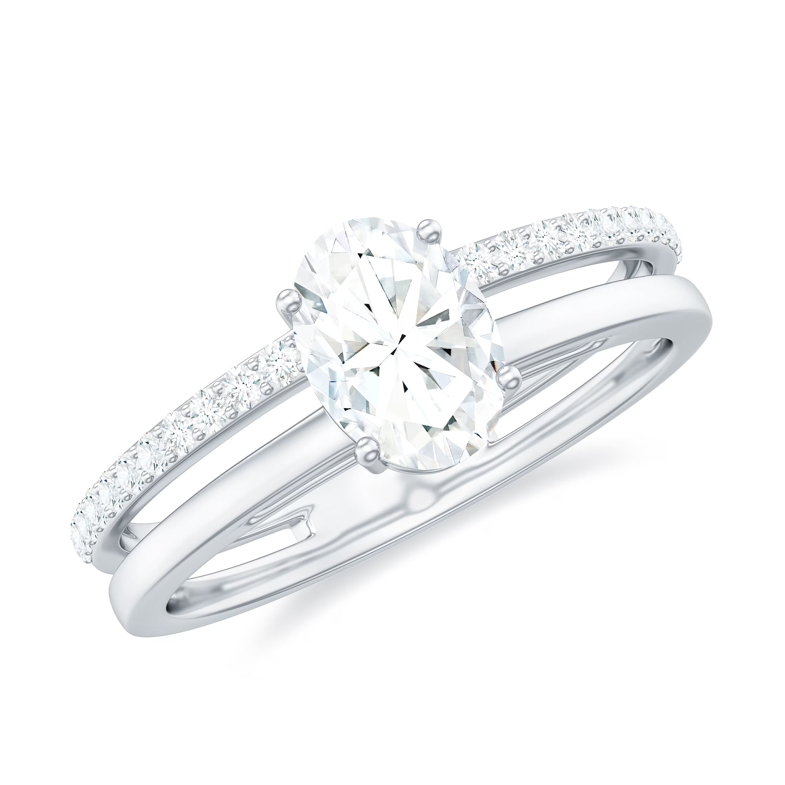 Oval Cut Moissanite Solitaire Double Band Ring, 925 Sterling Silver X374