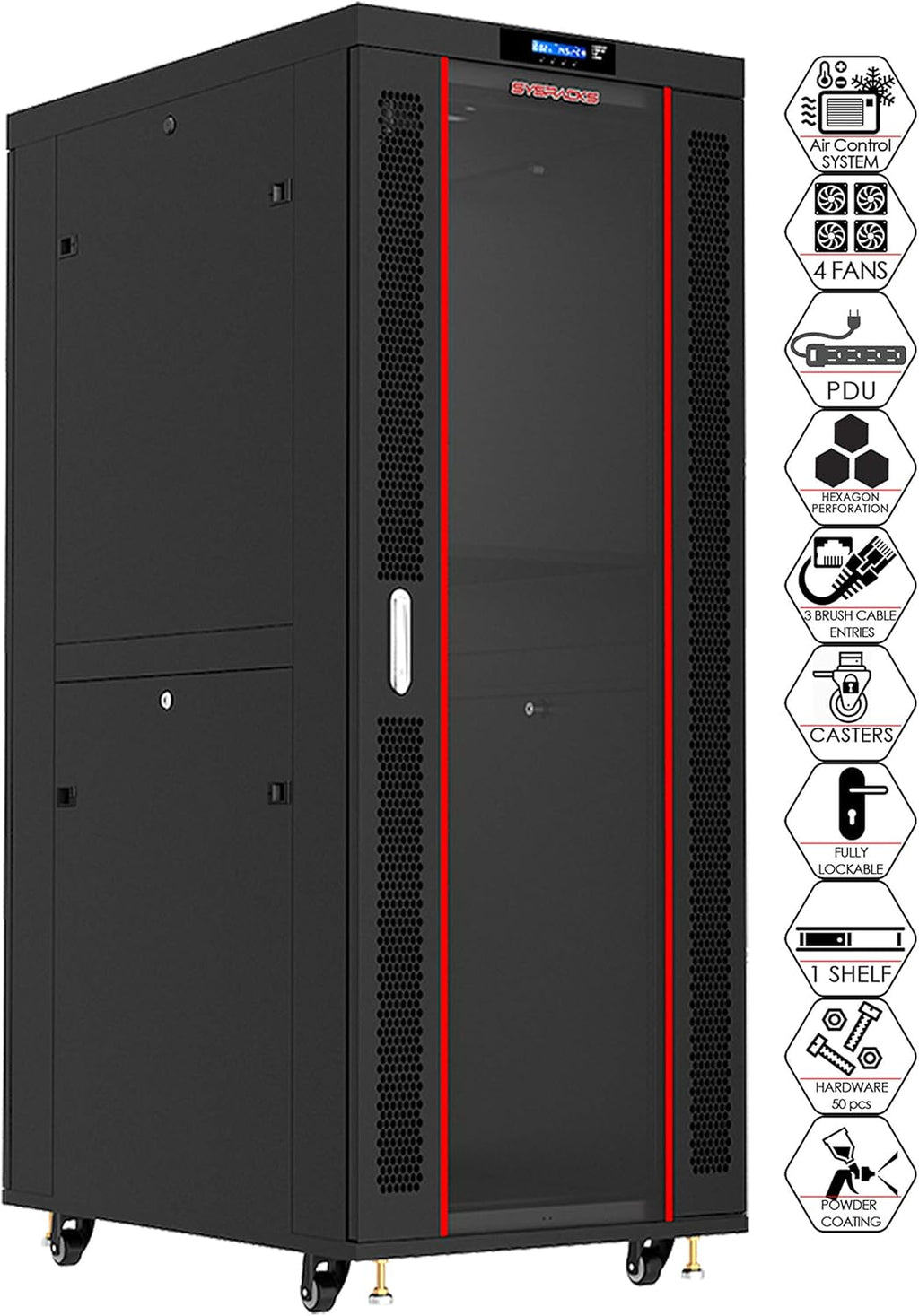 42 U Free Standing Locking Network Rack Cabinet with Shelf and Cooling Fan L32582