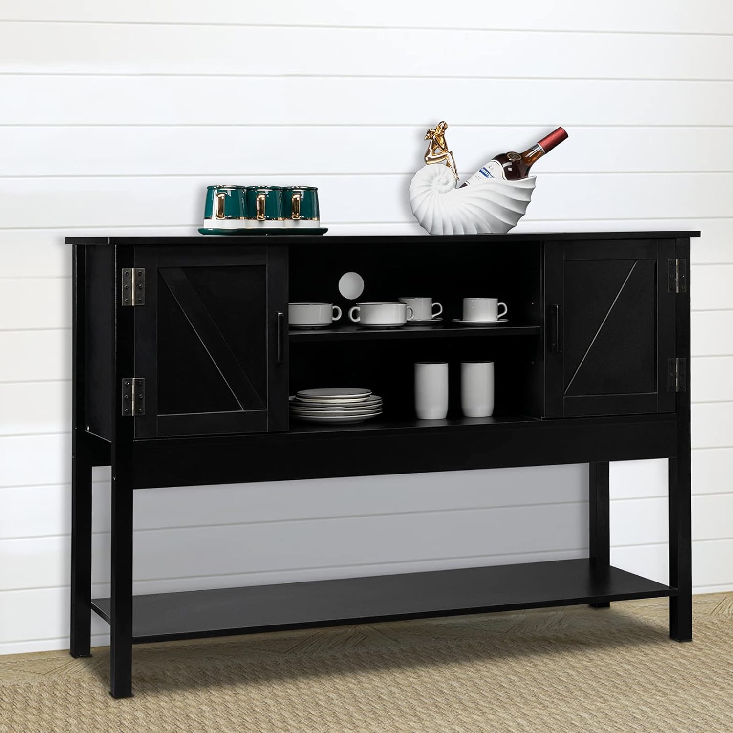 Black Wood Sideboard Buffet Cabinet with Open Shelves Q889