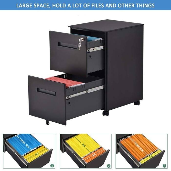 Black Metal 2-Drawer Mobile Vertical Filing Cabinet W371