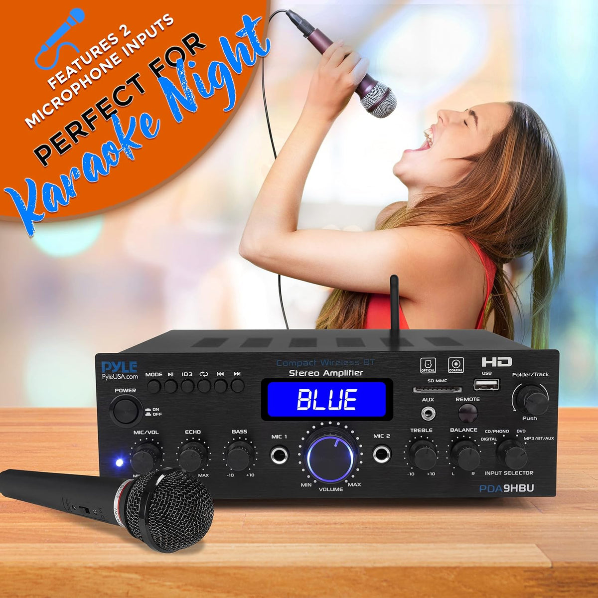 Pyle PDA9HBU.5 Wireless Bluetooth Stereo Amplifier, 200 Watt, HDMI, Optical, Phono, Coaxial, FM Radio, USB, SD, AUX, RCA, Mic, Remote Z999