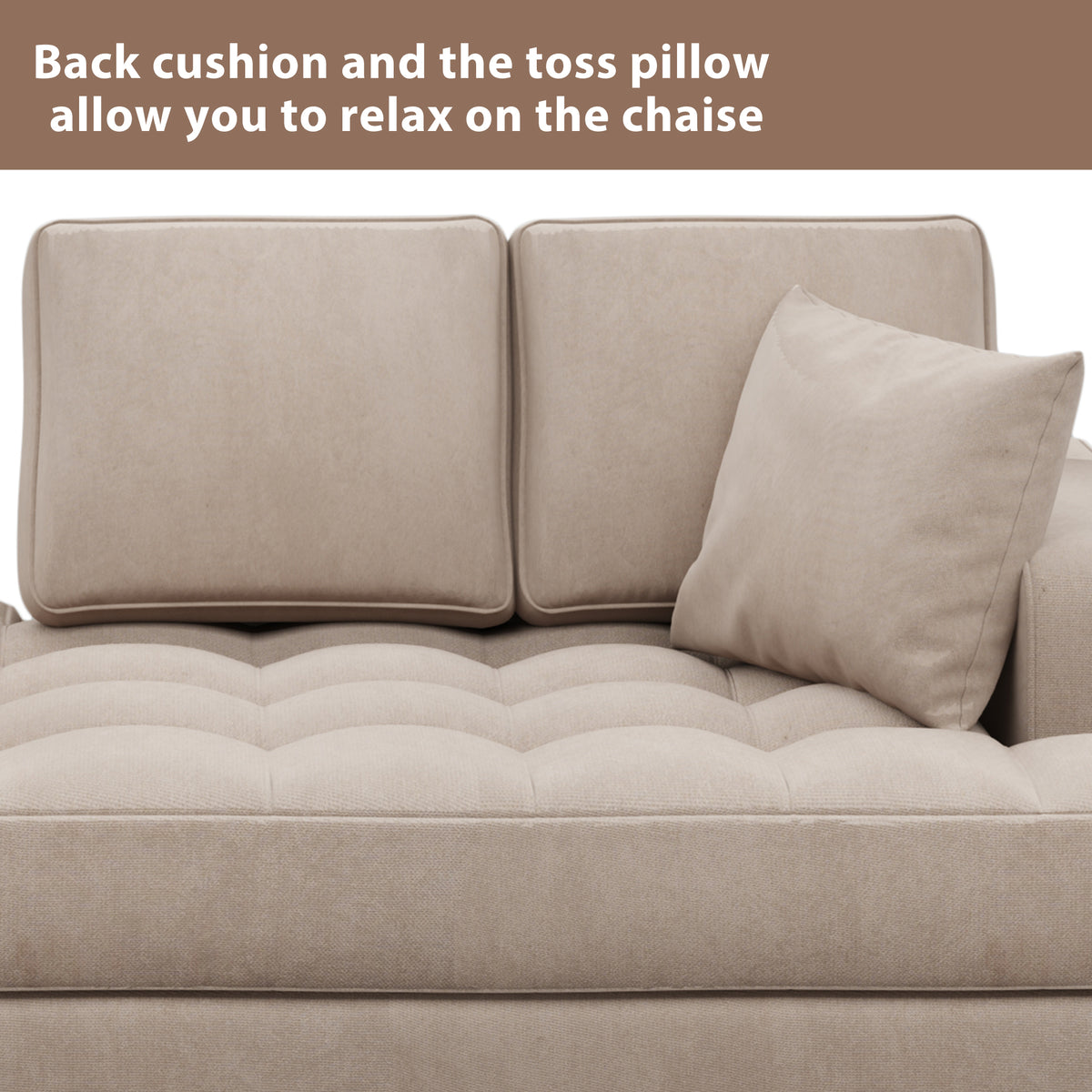 Warm Grey Tufted Fabric Chaise Lounge with Toss Pillow T929593