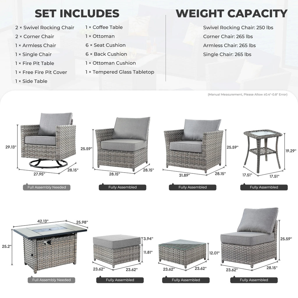 Grey 10 Piece Wicker Patio Conversation Set with Sofa, Ottoman, Fire Pit, Swivel Rocking Chairs J593976
