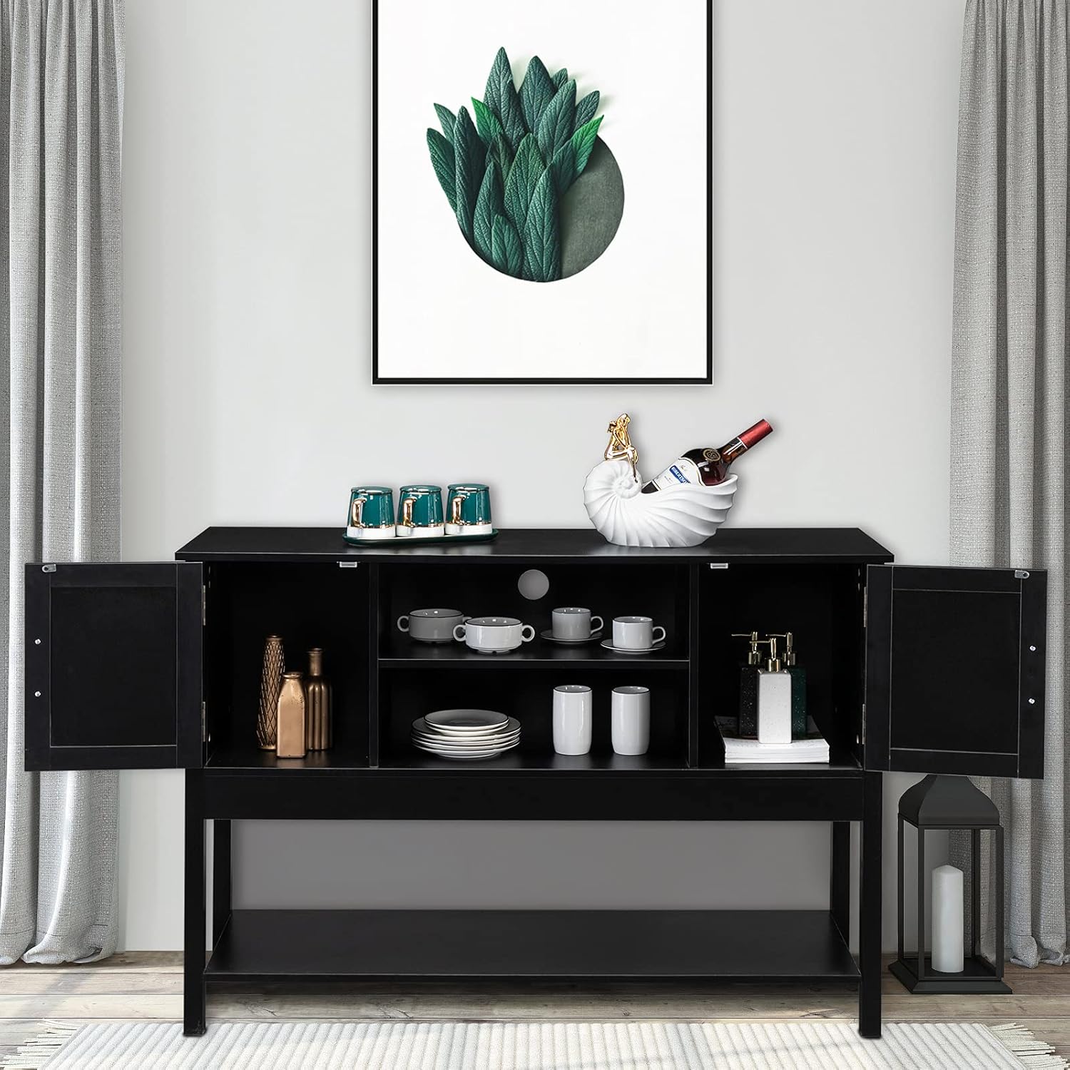 Black Wood Sideboard Buffet Cabinet with Open Shelves Q889