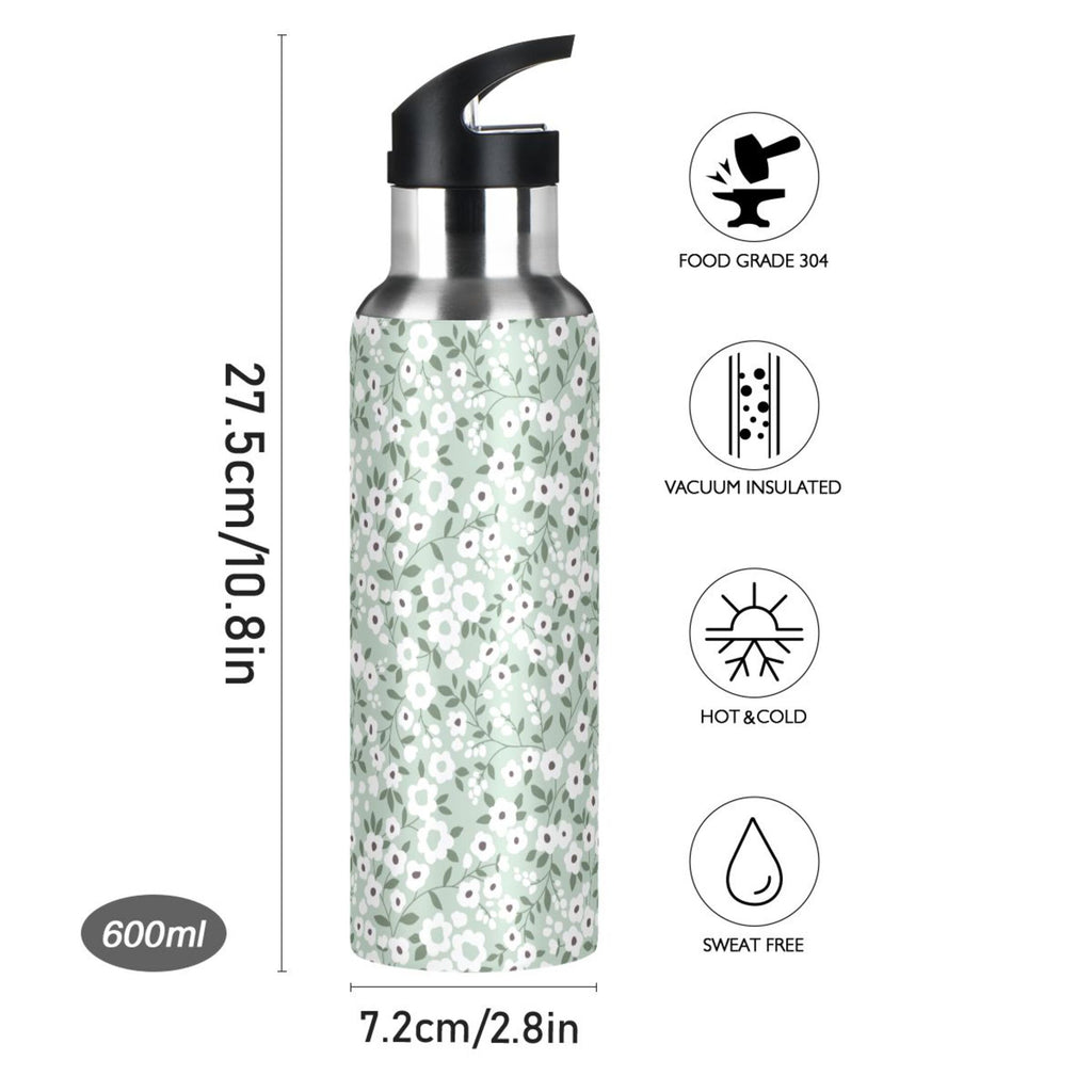 White Floral Green 20 OZ Stainless Steel Water Bottle with Straw Lid T784215