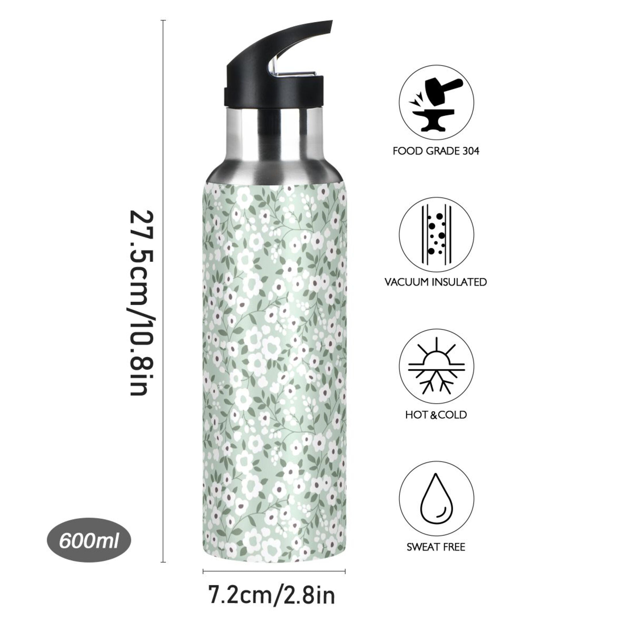 White Floral Green 20 OZ Stainless Steel Water Bottle with Straw Lid T784215