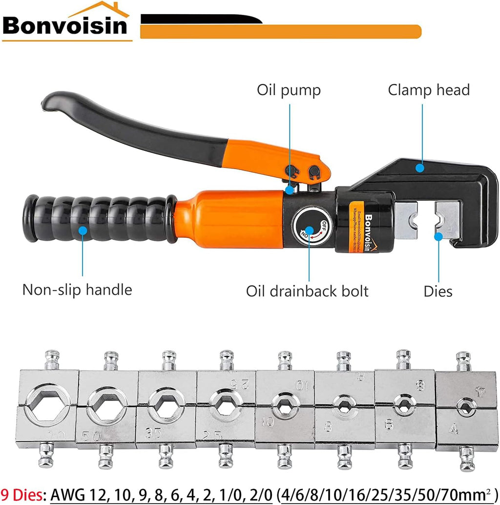 Hydraulic Wire Crimper Battery Cable Crimper awg 12-2/0 awg Lug Crimping Tool with 9 Dies T8036