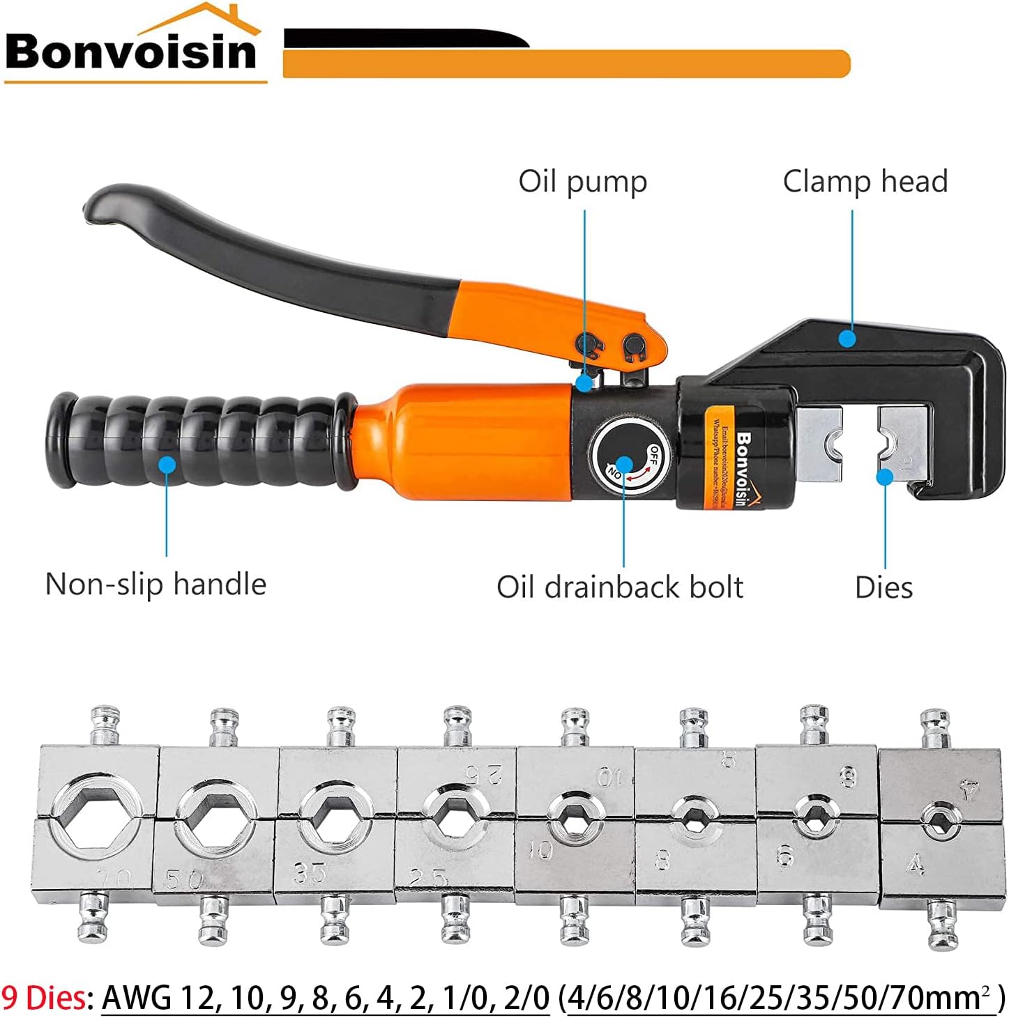 Hydraulic Wire Crimper Battery Cable Crimper awg 12-2/0 awg Lug Crimping Tool with 9 Dies T8036