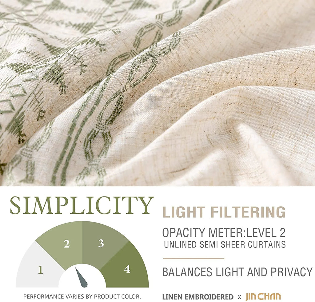 Sage on Beige Semi Sheer Linen Curtains 84 Inch Grommet 2 Panels A446552