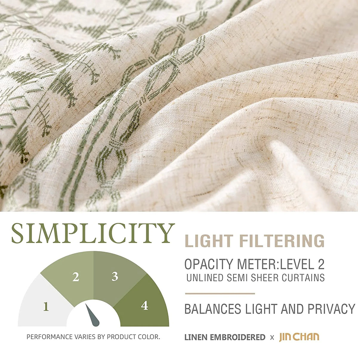 Sage on Beige Semi Sheer Linen Curtains 84 Inch Grommet 2 Panels A446552