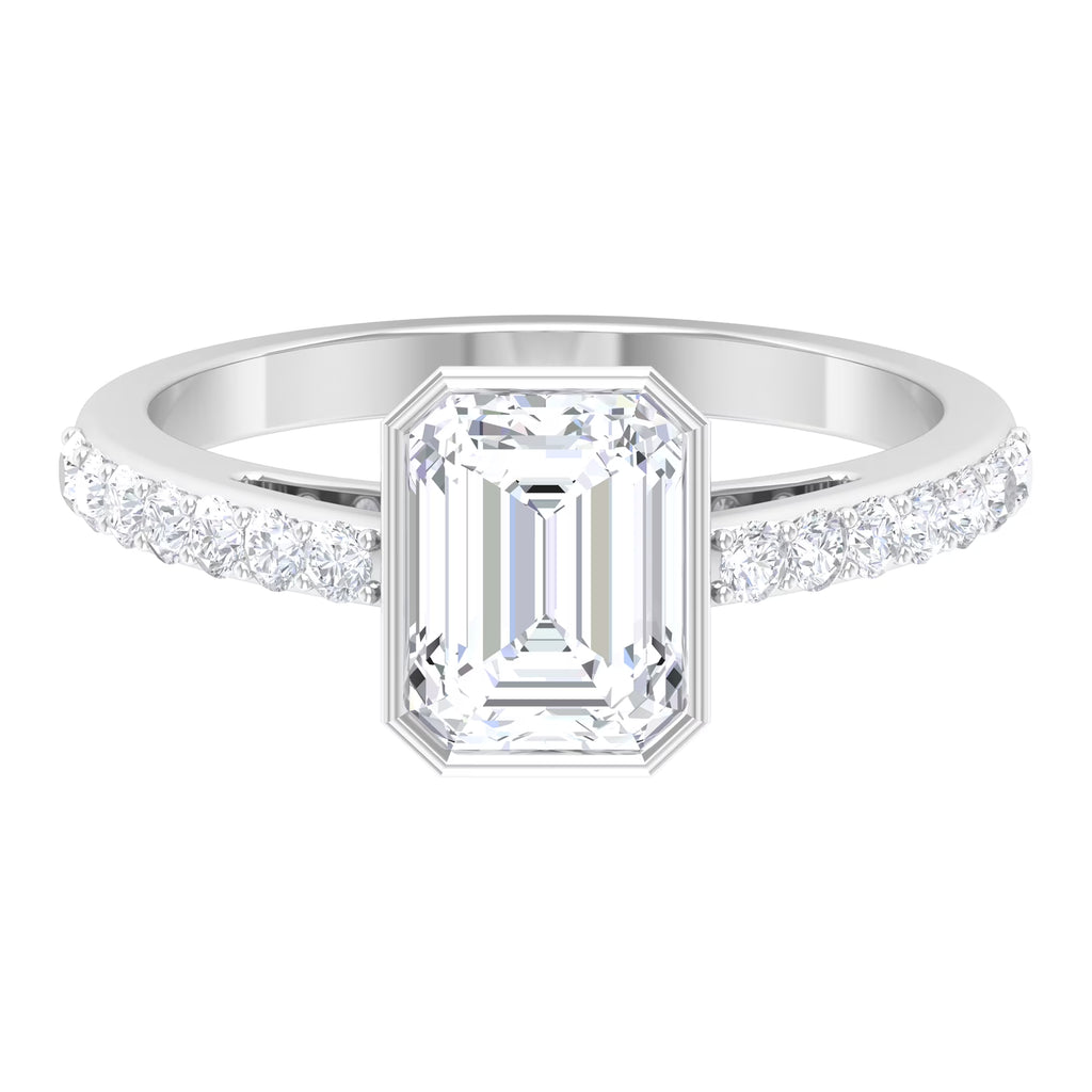 Octagon Cut Moissanite Solitaire Ring in Bezel Setting with Surface Side Stones, 10K White Gold, US 3.50 M2489