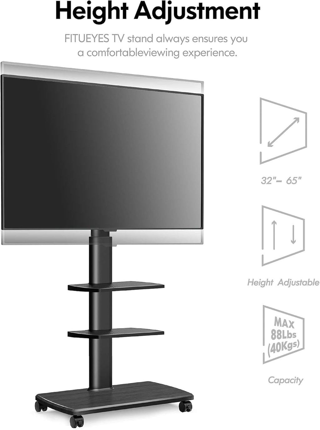 Black Rolling TV Stand for 32-65 Inch TVs Q661